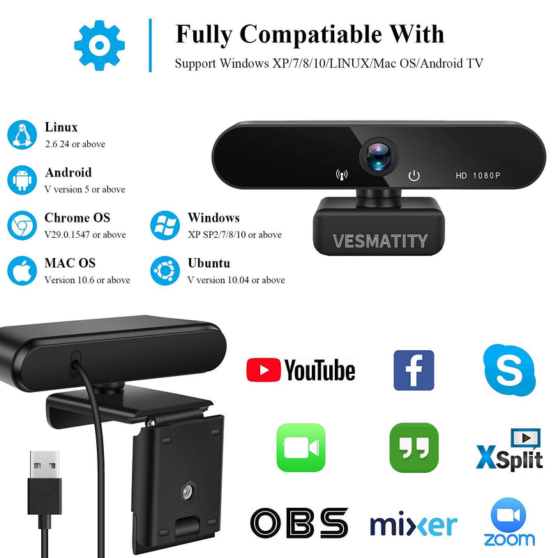  [AUSTRALIA] - 1080P Webcam with Microphone VESMATITY HD Web Camera with Auto Light Correction Plug and Play USB Webcam and Wide View Angle for Desktop/Streaming/Video Calling Recording/Meeting/Online Teaching