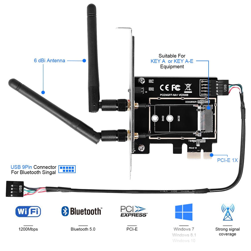  [AUSTRALIA] - MZHOU Wireless Network Card Adapter M.2 NGFF to PCI-E 1X WiFi Network Card Converter,PCI-E M.2/NGFF Card Passive Adapter with Dual-Band 2.4/5G Antenna,for WiFi and Bluetooth Card.(Not Including WiFi Wifi Card