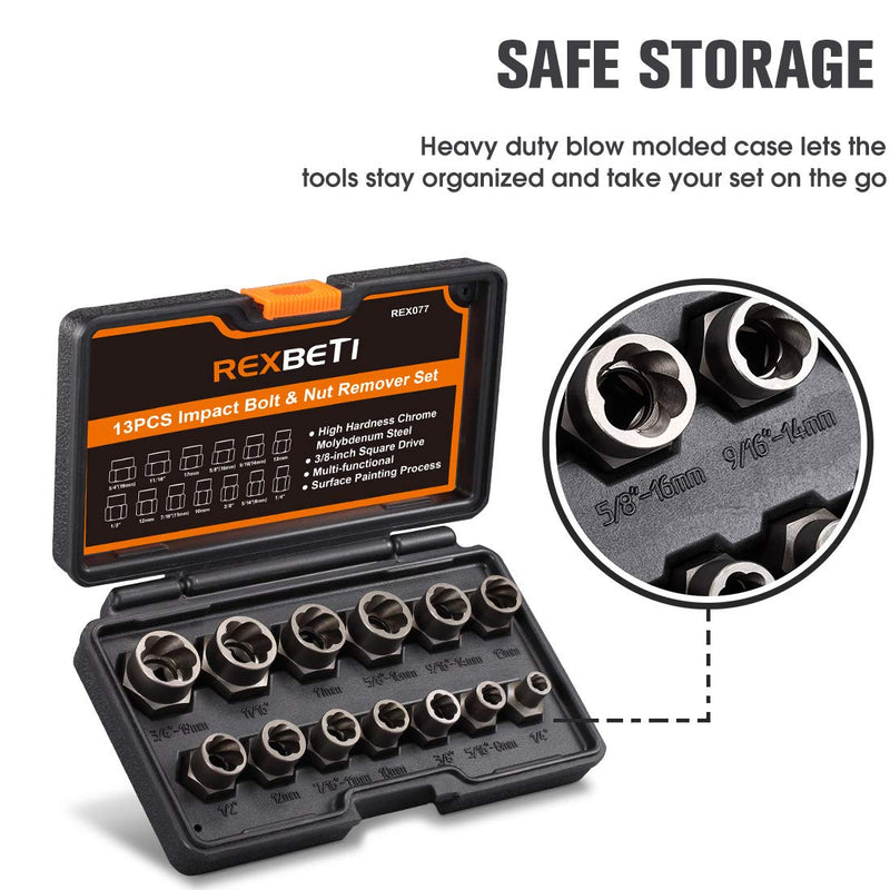  [AUSTRALIA] - REXBETI Impact Bolt & Nut Remover Set, 13 Pieces Bolt Extractor Tool Set with Solid Storage Case