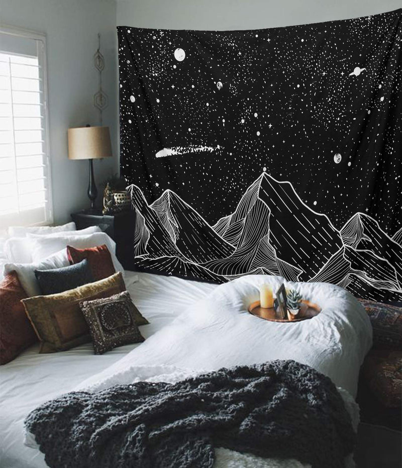  [AUSTRALIA] - Zussun Mountain Moon Tapestry Wall Hanging Stars Black and White Art Tapestry Home Decor (50" x 60") 50" x 60"