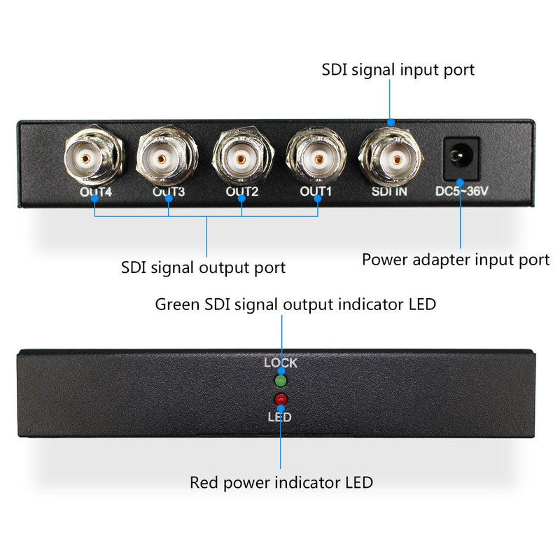  [AUSTRALIA] - SDI Splitter 1x4 Multimedia Split SDI Extender Adapter Support HD-SDI, SD-SDI and 3G-SDI Signals for Projector Monitor Camera（1 sdi Input and 4 sdi Output