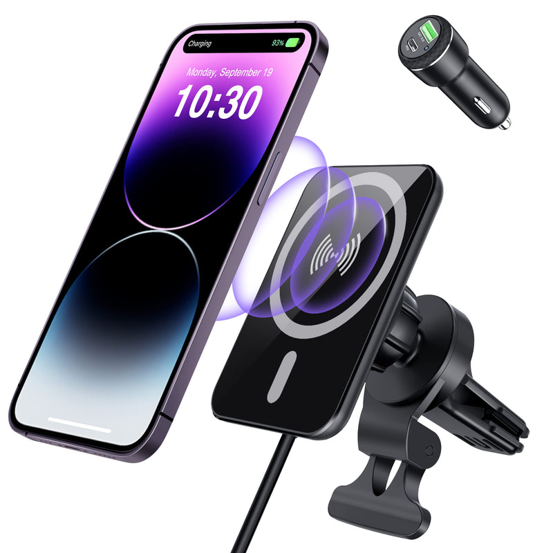  [AUSTRALIA] - Upgraded for MagSafe Car Mount Charger, Magnetic Wireless Car Charger, Air Vent Magnetic Car Phone Mount Charger for MagSafe iPhone 14 13 12 Series, with Dual Port Car Charger Glass Black-Air vent