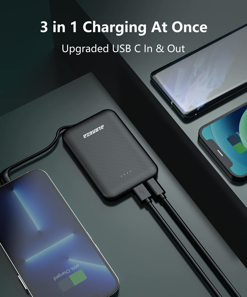  [AUSTRALIA] - Alongza Small Portable Phone Charger 4500mAh Power Bank with Built-in Cable USB C Fast Lightweight Battery Pack Cell Phone Charger Slim Clutch Charger External Battery Backup for iPhone,Android Black