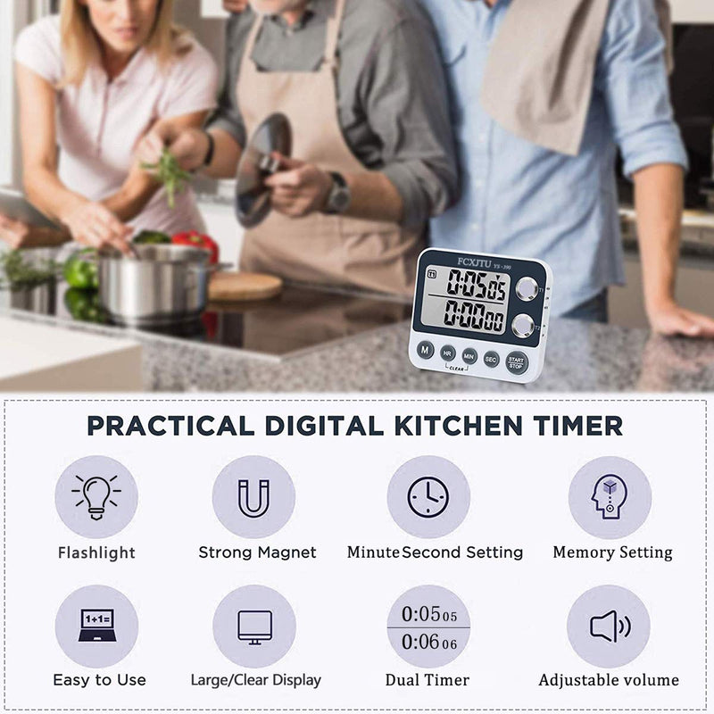 FCXJTU Digital Dual Kitchen Timer, Dual Count UP/Down Timer, Cooking Timer, Stopwatch, Large Display, Adjustable Volume Alarm and Flashing Light with Magnetic Back, Stand, Battery Included (White) YS390 White Grey - LeoForward Australia