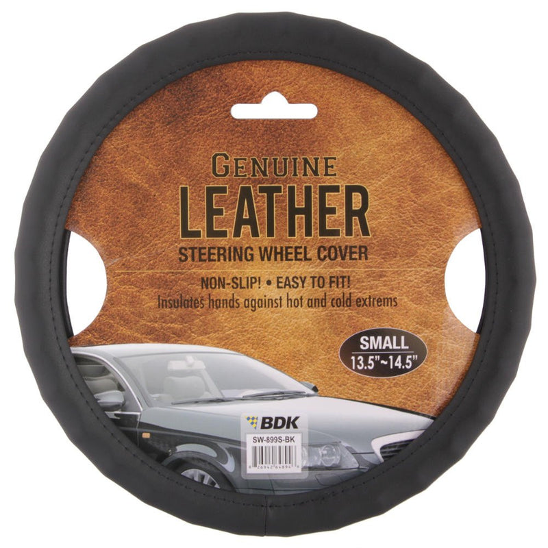  [AUSTRALIA] - BDK Ergonomic Non-Slip Grip Genuine Leather Car Steering Wheel Cover (Black/Small Size 13.5 to 14.5") Small (13.5 - 14.5) Black