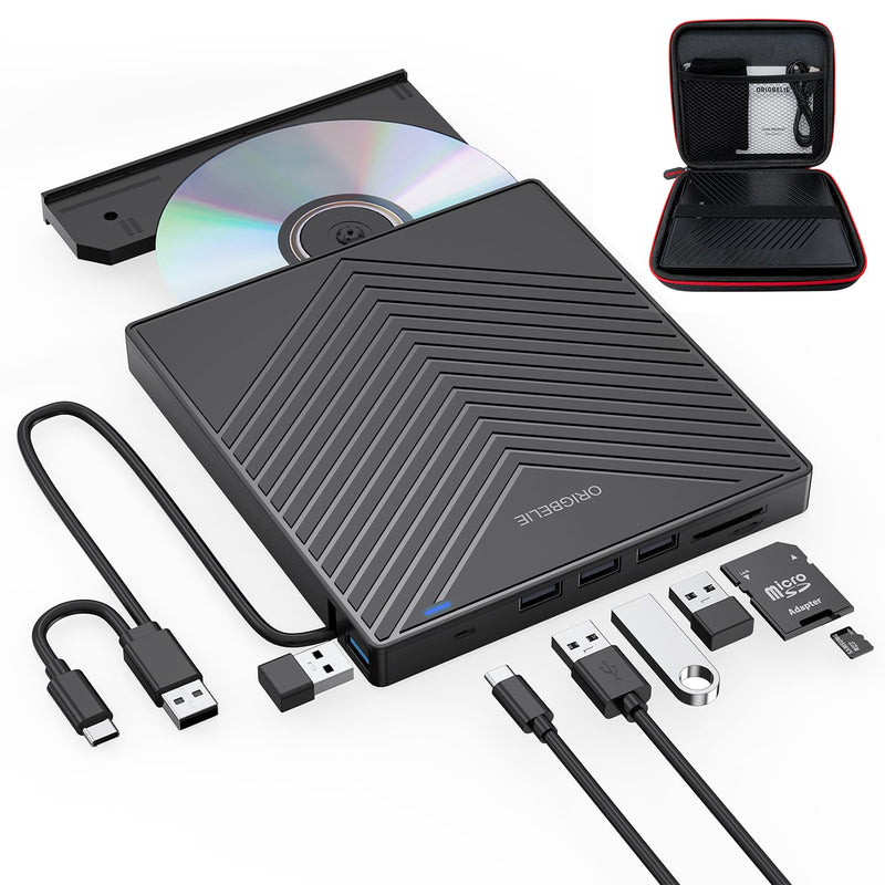  [AUSTRALIA] - ORIGBELIE External CD DVD Drive, Ultra Slim CD Burner USB 3.0 with 4 USB Ports and 2 TF/SD Card Slots, Optical Disk Drive for Laptop Mac PC Windows 11/10/8/7 Linux OS with Carrying Case 8 in 1 with Carrying Case