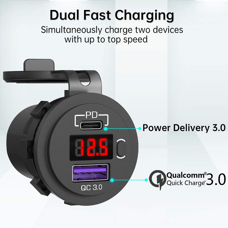 [AUSTRALIA] - 12V USB C Car Charger Socket, Ouffun Dual PD & QC 3.0 Ports 12V USB Car Outlet Adapter with Button Switch, lPhone Fast Charger with 23.7 Inches Wire for Car Boat Marine Bus Golf Cart RV Motorcycle black & red