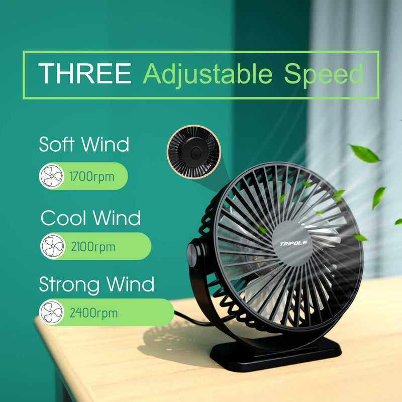  [AUSTRALIA] - TriPole Small Desk Fan USB Powered Portable Fan 3 Speeds Strong Airflow Mini Fan 360°Rotation Personal Fan 5.1 Inch Table Fan for Home Office Bedroom Desktop, Black, 4.9ft Cable