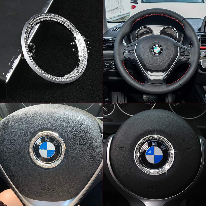  [AUSTRALIA] - LECART Crystal Bling Steering Wheel Emblem Badge Logo Cover Trim Circle Ring Center Decor Logo Decoration Interior Accessory for BMW 1 2 3 5 7 Series X1 X 3 X 5 X6 Z3 Z4 i3 i8 E30 E34 E36 E39 Silver