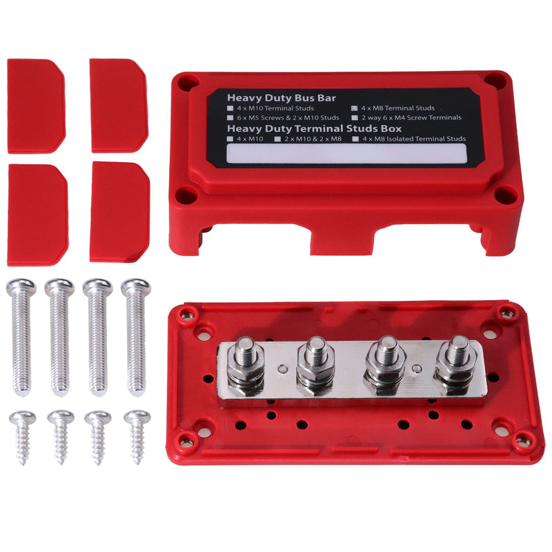  [AUSTRALIA] - ZOOKOTO 48V 300A Bus Bars Heavy Duty Module Design Power Distribution Block Busbar Box with 4X M8(5/16"") Terminal Studs or Marine RV Trucks Red 4XM8 Red