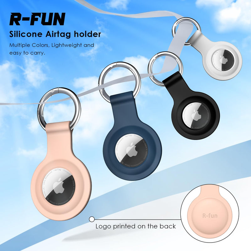  [AUSTRALIA] - R-fun Airtag Holder with Keychain, [4 Pack] Waterproof Silicone AirTag case Cover with Key Rings for Wallet, Dog Collar, Luggage, and Keys.-Black/White/Navy/Sand Pink Black/White/Navy/Sand Pink