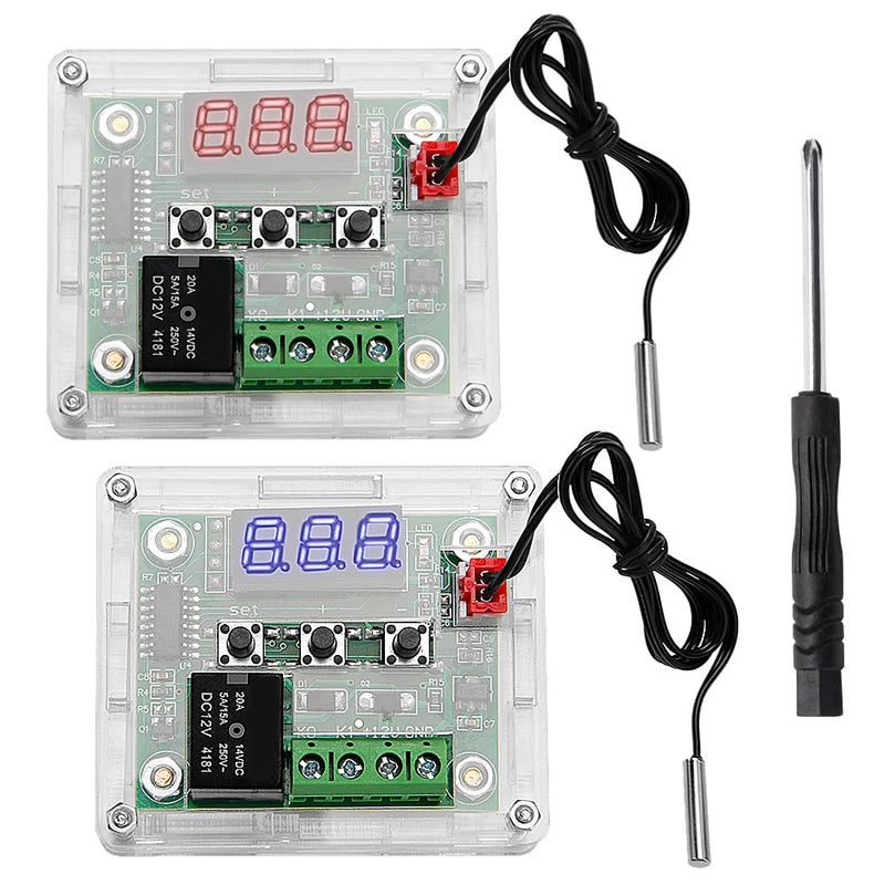  [AUSTRALIA] - VooGenzek Pack of 2 W1209 Temperature Controller Module with Housing, 12V DC Micro Digital Thermostat -50-110°C Electronic Temperature Temp Control Module Switch, with NTC Sensor Probe (Red & Blue) Temperature Controller with Housing