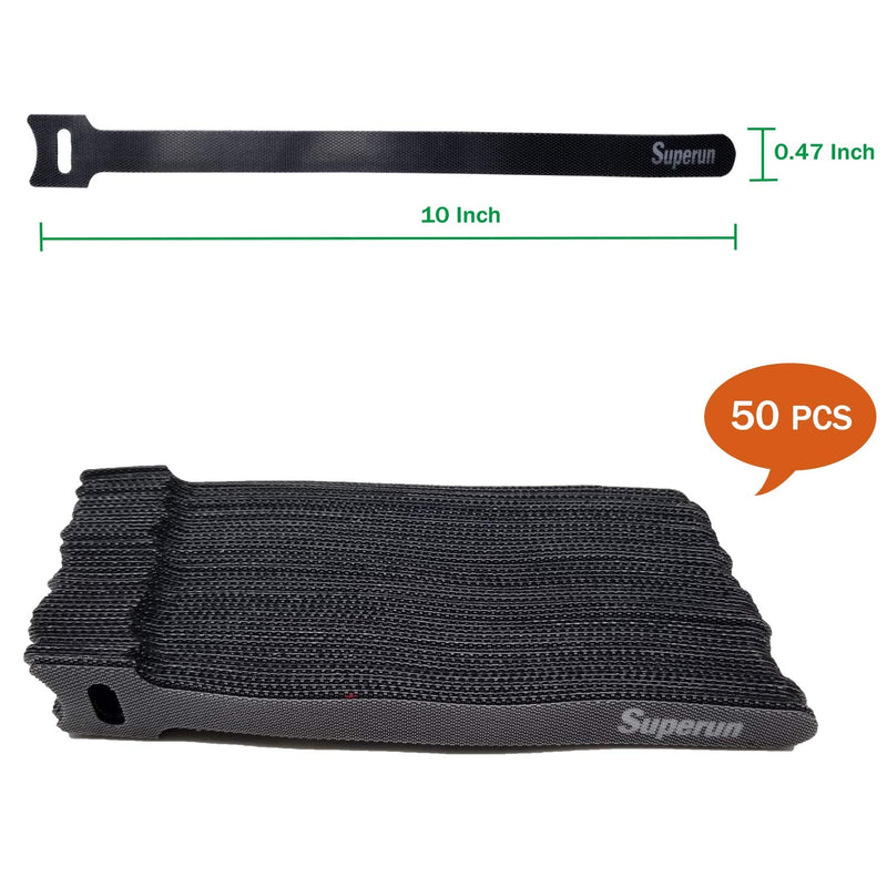  [AUSTRALIA] - Superun 50 Pcs Black 10 Inch Reusable Cord Organizer Cable Ties, Fastening Hook and Loop Wire Wrap Management