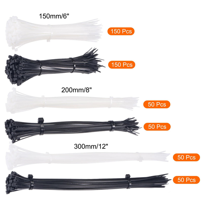  [AUSTRALIA] - uxcell Nylon Cable Ties 6" 8" 12" Length 0.1" Width Self-Locking Zip Tie Black White 500pcs