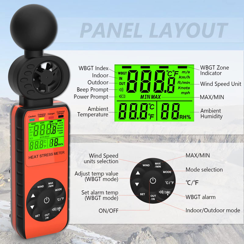  [AUSTRALIA] - Digital Anemometer Heat Stress Meter, Handheld Anemometer with Heat Stress Index Measurement Wind Speed, WBGT Temperature & Humidity, Wind Gauge Heat Stress Monitor for Outdoor