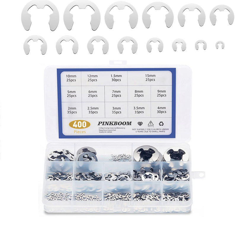  [AUSTRALIA] - 400pcs 304 Stainless Steel E-Clip Assortment Kit E-Clip External Retaining Ring Assortment Set,14 Sizes (1.5-15mm) (Silver 400pcs) Stainless Steel,Transparent,Silver