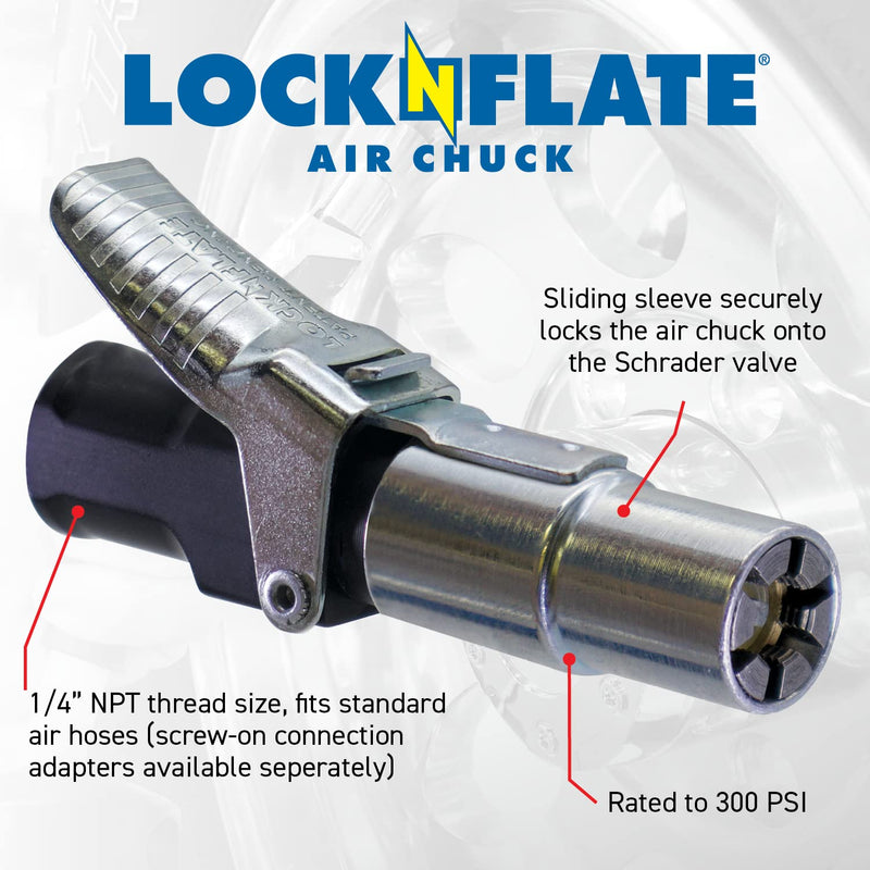  [AUSTRALIA] - LockNFlate® Locking Air Chuck - Six Steel Jaws Lock onto Any tire Valve - Won't Leak or pop Off - Rated to 150 PSI - Closed Flow