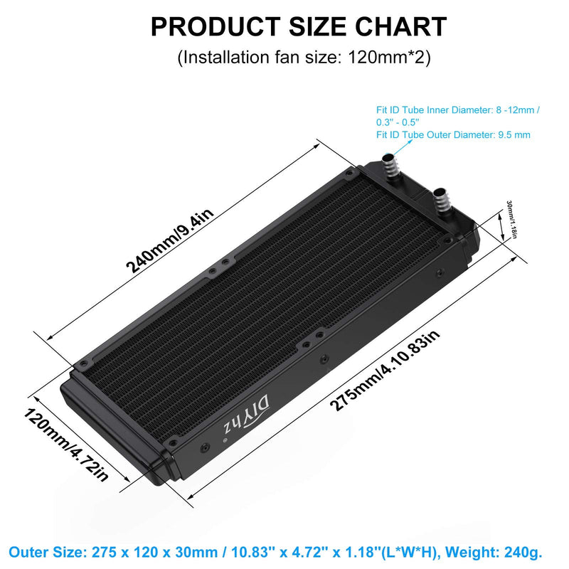  [AUSTRALIA] - DIYhz Water Cooling Computer Radiator, 12 Pipe Aluminum Heat Exchanger Liquid Cooling Radiator Heat Sink 240mm for CPU PC Laser Water Cool System DC12V Black with Tube round-240mm