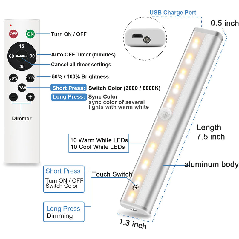 Anbock Rechargeable Under Cabinet Lighting with Remote, 20-LED Closet Lights Wireless Under Counter Lights for Kitchen Night Light Strip Bar with Touch Control for Wardrobe, Stairs 3 Colors (3 Pack) Remote 3 packs - LeoForward Australia