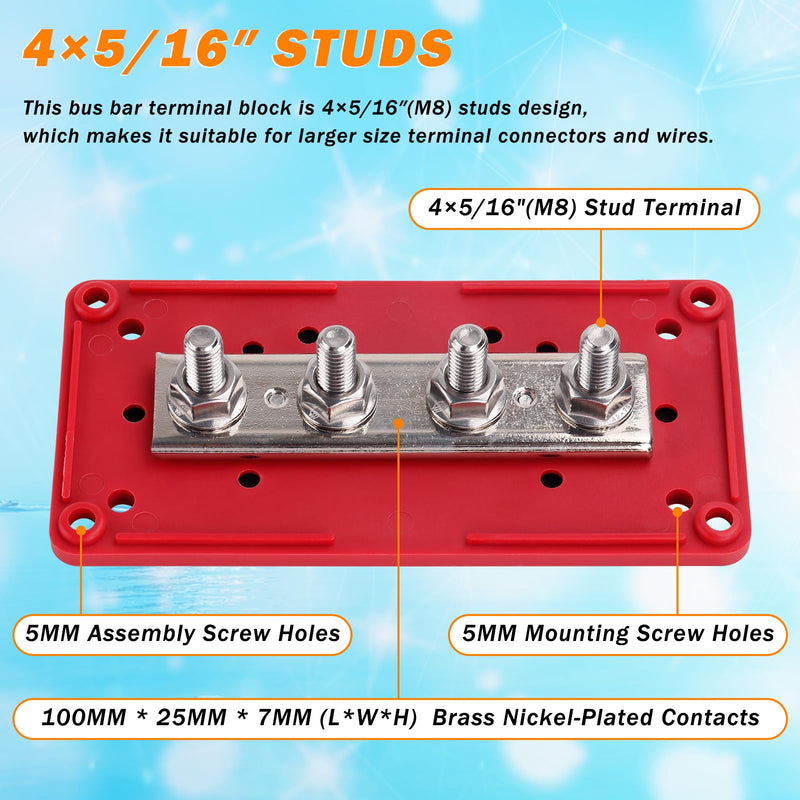  [AUSTRALIA] - 300A Heavy Duty Module Bus BAR, 12V 24V 48V DC Power Distribution Block with 4 x 5/16" (M8) Studs, Gift 12pcs Cable Lugs and 20pcs Heat Shrink Tubing - Marine Bus Bar (RED+) RED+