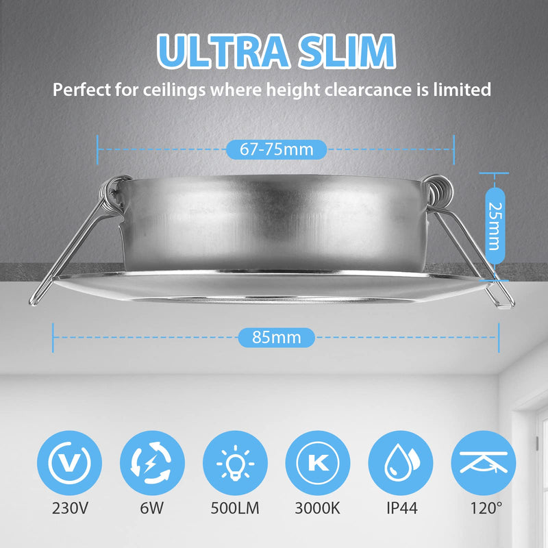  [AUSTRALIA] - LED recessed spotlights 230V flat dimmable LED spots 6W IP44 bathroom recessed lights ceiling spots ceiling spotlights, warm white 3000K swiveling recessed spots for bathroom kitchen living room, set of 6 nickel warm white 3000K set of 6