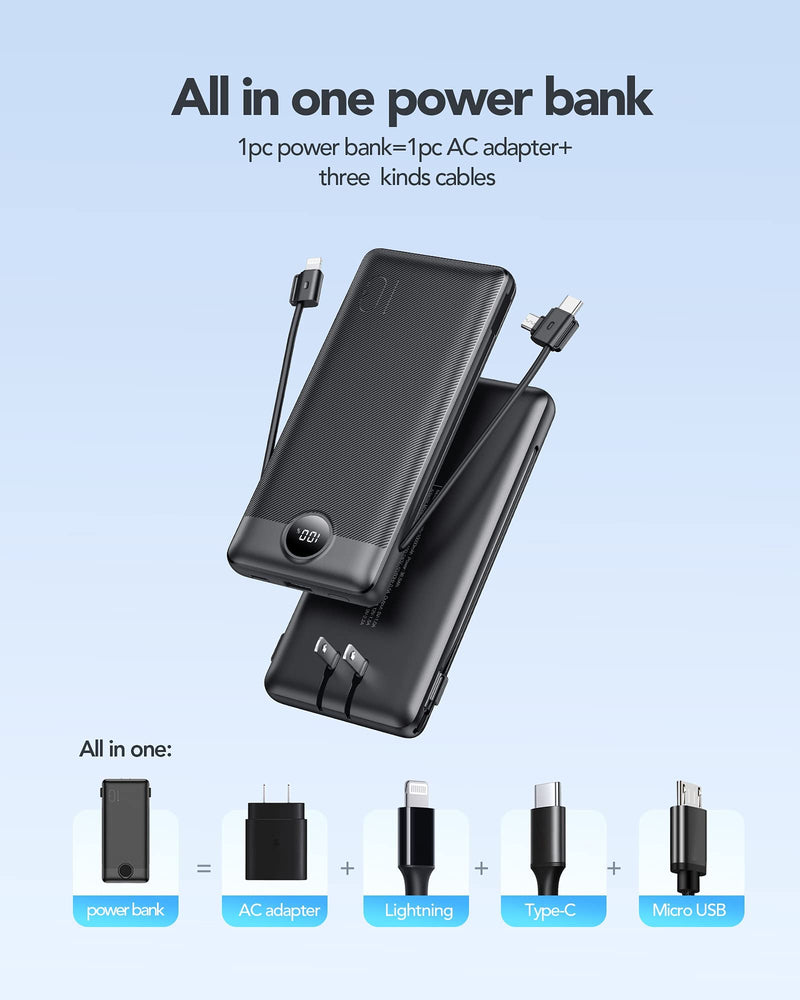  [AUSTRALIA] - Portable Charger with Built in Cable and AC Wall Plug, PD&QC 20W Fast Charging Ultra Slim USB C Power Bank with Built in Cables, VEEKTOMX External Battery Pack Compatible with All Smart Devices Black