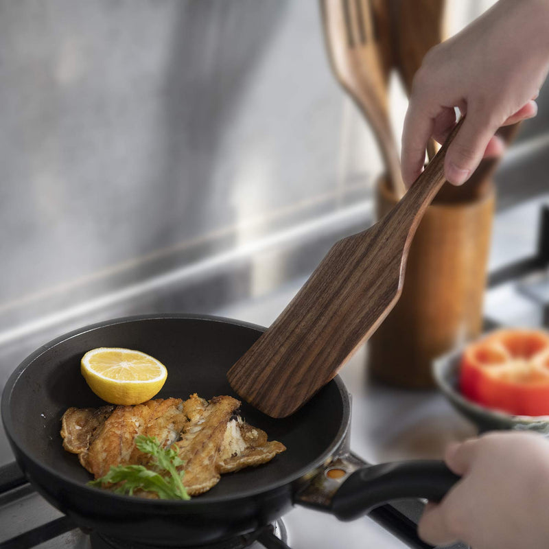 [AUSTRALIA] - Wooden Spatula for Cooking, Kitchen Spatula Set of 4, Natural Teak Wooden Utensils including Wooden Paddle, Turner Spatula, Slotted Spatula and Wood Scraper. Nonstick cookware.