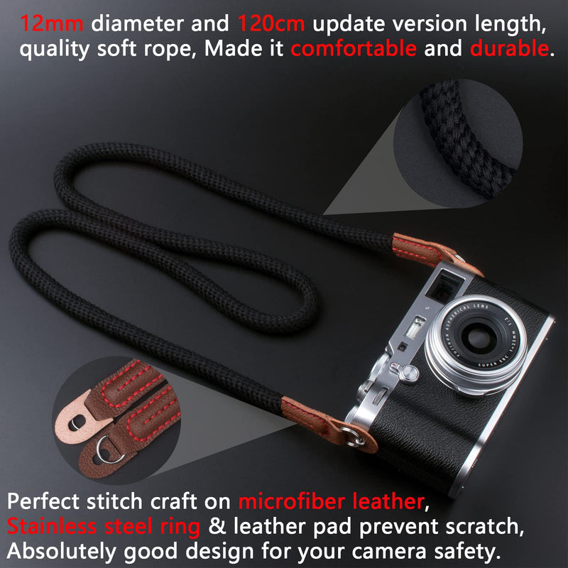  [AUSTRALIA] - VKO 120cm Camera Strap, Soft Camera Rope Strap Neck Shoulder Strap Compatible with Sony Canon Nikon Fuji Mirrorless DSLR SLR Camera Black