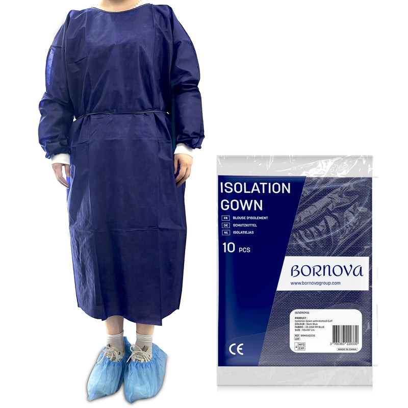  [AUSTRALIA] - BORNOVA disposable gown protective gown disposable infection protection gown disposable medical gown with sleeves disposable patient PP professional quality comfortable dark blue not transparent - 25 gsm / 10 pieces