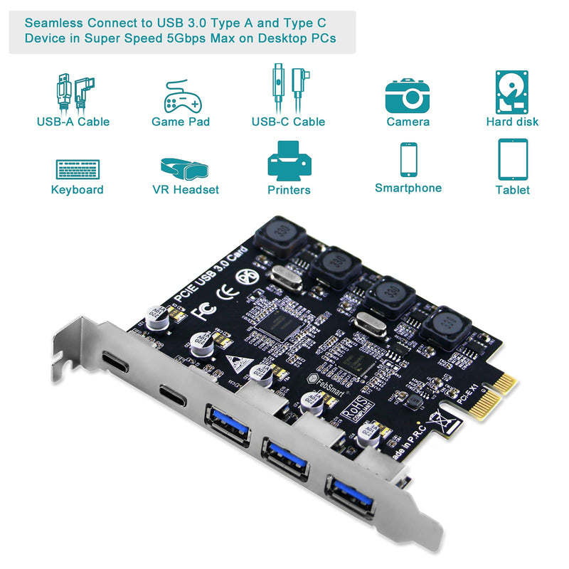  [AUSTRALIA] - FebSmart 5-Ports USB 3.0 Superspeed 5Gbps Max PCIE USB Card for Windows and Linux PCs-3X USB-A & 2X USB-C 5Gbps Max Ports-Build in Self-Powered Technology-No Need Additional Power Supply (FS-U3C2-Pro)