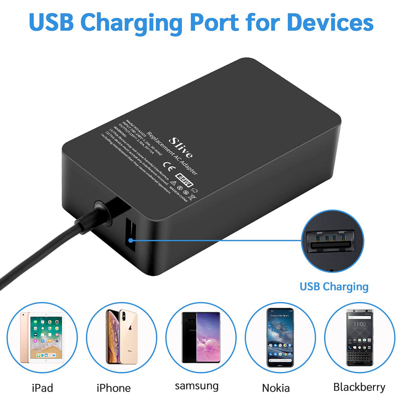  [AUSTRALIA] - Slive Updated Version Surface Pro Charger, 44W 15V 2.58A, Compatible for Microsoft Surface Pro 3, Pro 4, Pro 5, Pro 6, Pro 7 Surface Laptop 1/2, Surface Book & Surface Go, with 5V 1A USB Charging Port