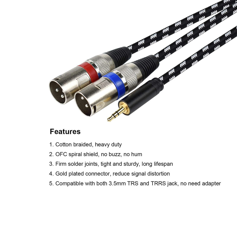  [AUSTRALIA] - Mugteeve Dual XLR to 1/8 Stereo AUX Cable, Double XLR Male y Splitter Cord to 3.5mm TRS Mini Headphone Jack, OFC Shield no Hum no Buzz, for Studio Monitor Speakers, Laptop, DMX Adapter-10feet 10Feet