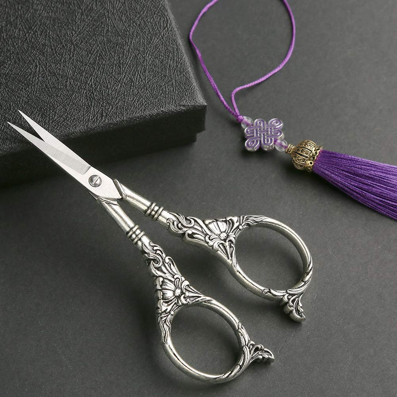  [AUSTRALIA] - Embroidery Scissors, Sewing Scissor Sharp Tip Stainless Steel, Vintage European Design Scissors with Tassel,Thimble, DIY Tools Dressmaker Shears for Fabric, Embroidery, Needlework(Silver)