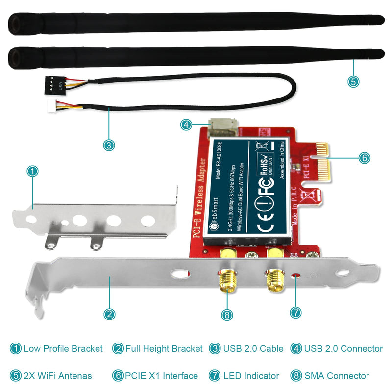  [AUSTRALIA] - FebSmart Wireless AC 1200Mbps PCIE Wi-Fi Card with WiFi Stereo Adapter for Windows 11,10 (32/64bit), Windows 8.1 64bit and Windows Server 2012, 2012R2, 2016, 2019 Desktop PCs (FS-AE120SE)