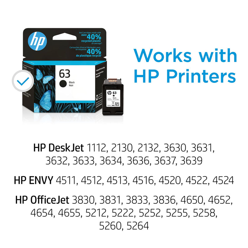 Original HP 63 Black Ink Cartridge | Works with HP DeskJet 1112, 2100 Series, 3600 Series, HP ENVY 4500 Series, HP OfficeJet 3800 Series, 4600 Series, 5200 Series | Eligible for Instant Ink | F6U62AN - LeoForward Australia