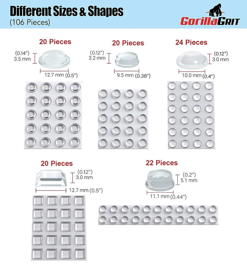  [AUSTRALIA] - Clear Adhesive Bumper Pads 106-PC Combo Pack (Round, Spherical, Square) - Sound Dampening Transparent Rubber Feet for Cabinet Doors, Drawers, Glass Tops, Picture Frames, Cutting Boards