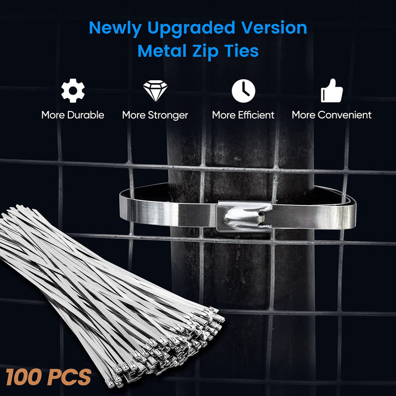  [AUSTRALIA] - Neojao Metal Zip Ties,100 Pcs 11.8 Inch,304 Stainless Steel Zip Ties Multi-purpose Metal Cable Ties-Suitable for Outdoor Chain Link Fence and Exhaust Wrap Zip Ties