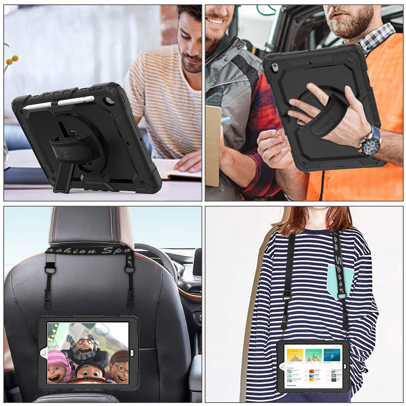 iPad 9th/8th/7th Generation Case 10.2’’ with Screen Protector Pencil Holder [360 Rotating Hand Strap] &Stand, SEYMAC stock Drop-Proof Case for iPad 10.2 inch 2021/2020/2019 (Black) Black+Back - LeoForward Australia