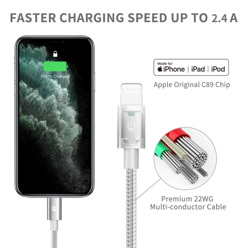 UNBREAKcable iPhone Charger Lightning Cable 3.3ft/1M - [Upgraded C89 Apple MFI Certified] Nylon Braided USB Fast Charging Cord for iPhone 12 11 XS Max XR X 8 7 6s 6 Plus SE, iPad, iPod - Silver 1M - LeoForward Australia