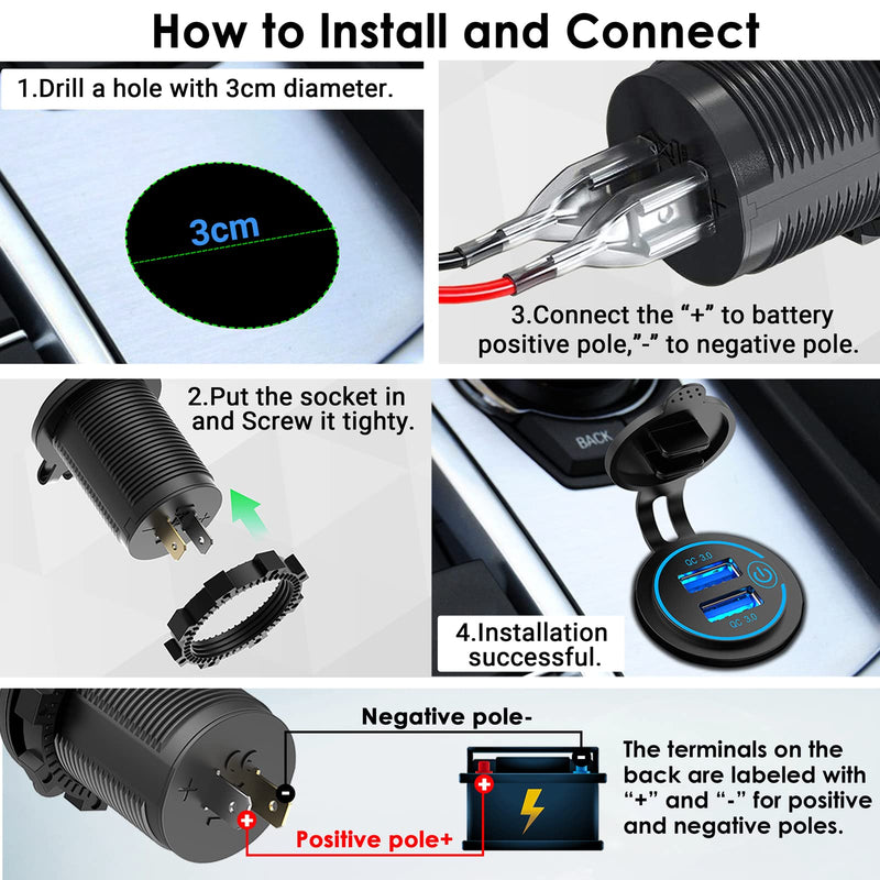  [AUSTRALIA] - [2 Pack] 12V USB Outlet, Quick Charge 3.0 Dual USB Power Outlet with Touch Switch, Waterproof 12V/24V Fast Charge USB Charger Socket DIY Kit for Car Boat Marine Bus Truck Golf Cart RV Motorcycle, etc.