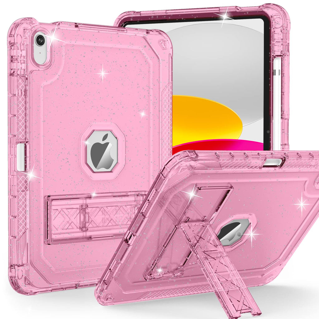  [AUSTRALIA] - ZoneFoker Case for iPad 10th Generation 10.9 inch 2022, Heavy Duty Shockproof Rugged Protective with Pencil Holder, 10.9" 10 Gen Translucent Cover with Kickstand for Kids, Pink Glitter