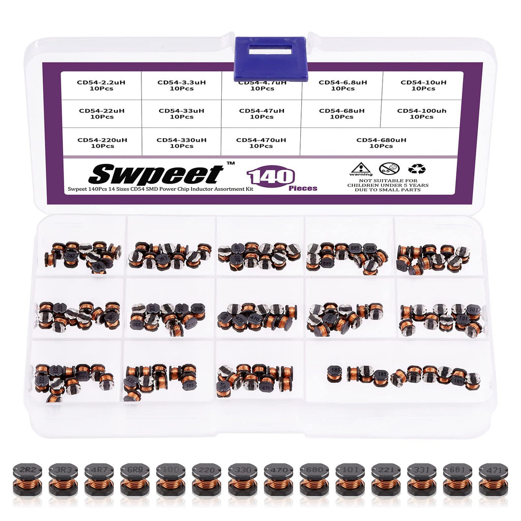  [AUSTRALIA] - Swpeet 140 pieces 14 values 2.2UH.680UH CD54 wire wound SMD power inductor assortment kit, 5.8 mm chip inductors with 2.2UH 3.3UH 4.7UH 6.8UH 10UH 22UH 47UH 68UH 100UH 220UH 330UH 47UH 68 UH