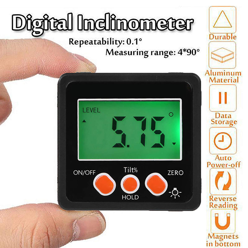  [AUSTRALIA] - iFCOW Digital Inclinometer Protractor, Waterproof Precise 4 x 90 Degree Protractor with Magnetic Base and Backlight Black