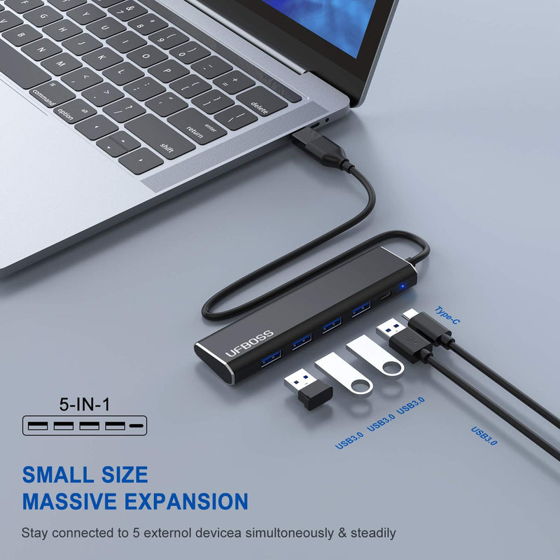 USB Hub, UFBOSS 4 Ports USB 3.0 Data Hub, Aluminum USB Hub with 4 5Gbps USB Ports/Charging Port - Compatible with iMac Pro, MacBook Air, Mac Mini/Pro, Notebook PC (Black) (Black) - LeoForward Australia