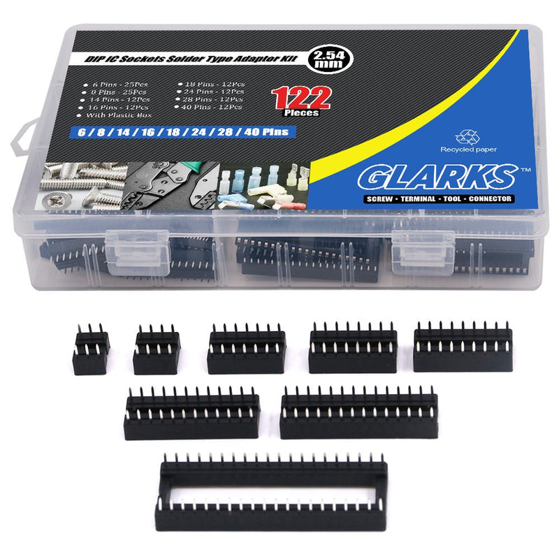  [AUSTRALIA] - Glarks 122pcs 2.54mm Pitch DIP IC Sockets Solder Version Adapter Assortment Kit (6/8/14/16/18/24/28/40 Pins)