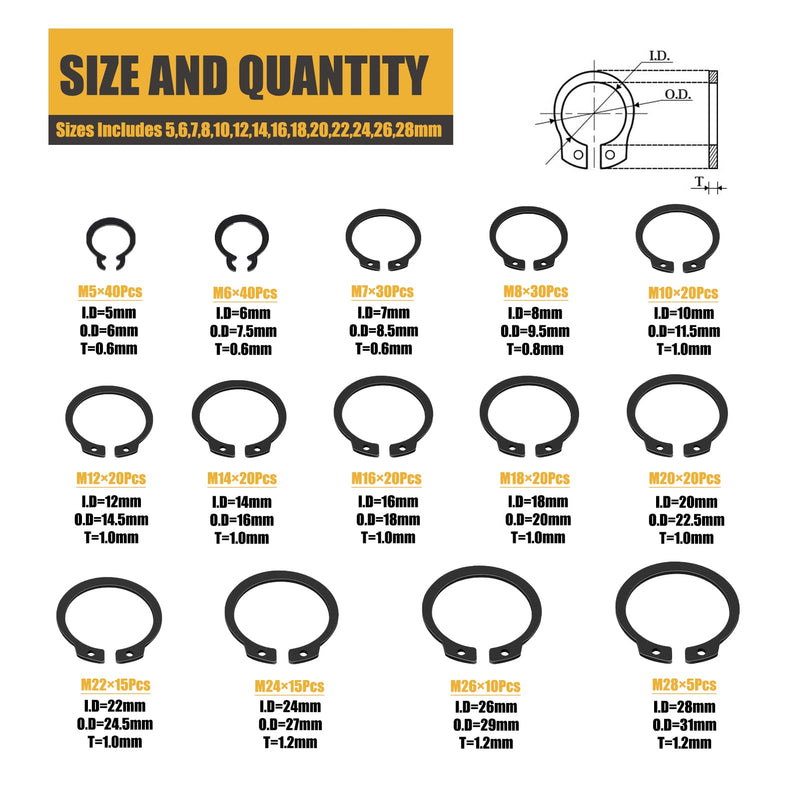  [AUSTRALIA] - MARSTEK 305Pcs C Clips Snap Ring Assortment Alloy Steel External Circlip Snap Retaining Rings Set Secure Parts on Grooved Shafts, Pins, Studs, etc.14 Sizes