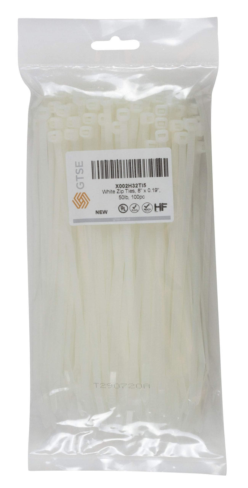  [AUSTRALIA] - GTSE 8 Inch White/Clear Zip Ties, 100 Pack, 50lb Strength, UV Resistant Strong Nylon Cable Ties, Self-Locking 8" Tie Wraps 8" (50lb)