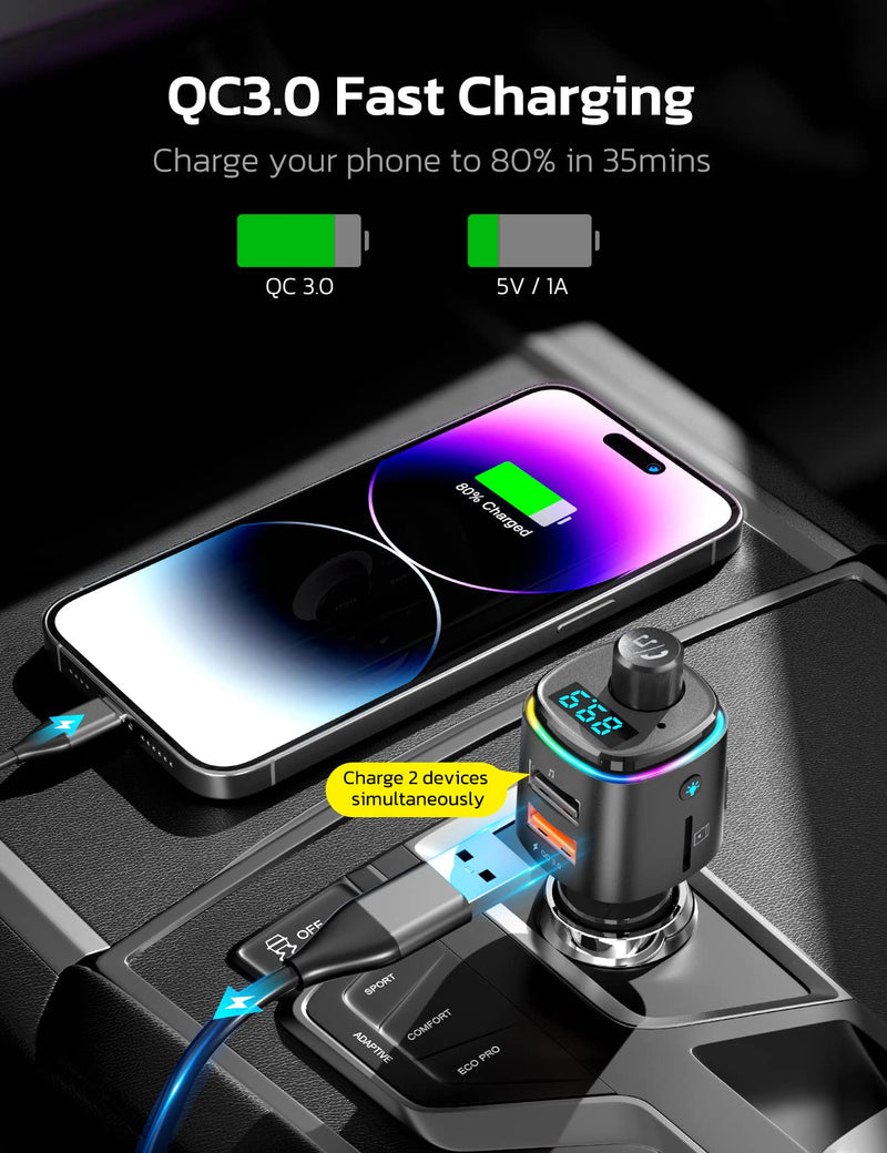  [AUSTRALIA] - Nulaxy Bluetooth FM Transmitter for Car, 7 Color LED Backlit Bluetooth Car Adapter with QC3.0 Charging, USB Flash Drive, microSD Card, Handsfree Car Kit (B- Black)