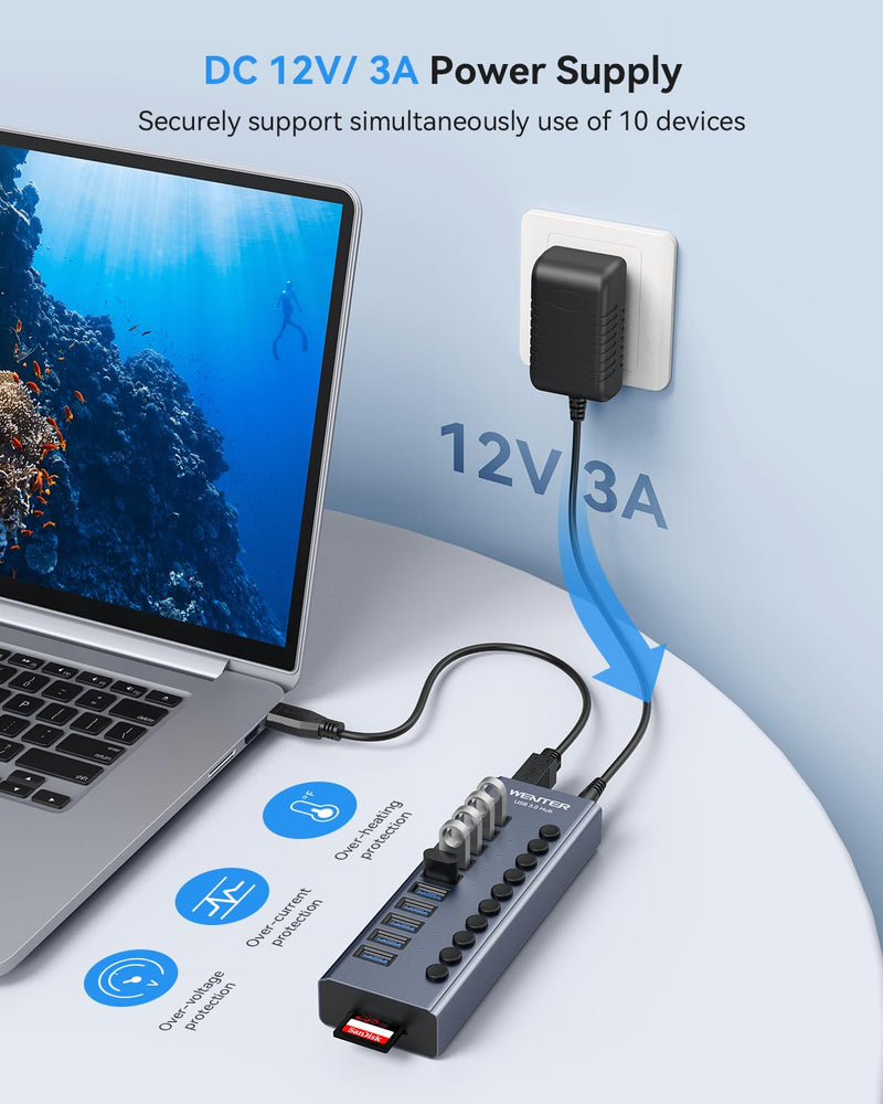  [AUSTRALIA] - Powered USB 3.0 Hub, Wenter 10 Ports 36W Powered USB Hub, Aluminum USB Splitter with Individual On/Off Switches, SD/TF Card Readers and 12V/3A Power Adapter for PC, Laptops, MacBook Pro, iMac, iPad Aluminum 10 Ports