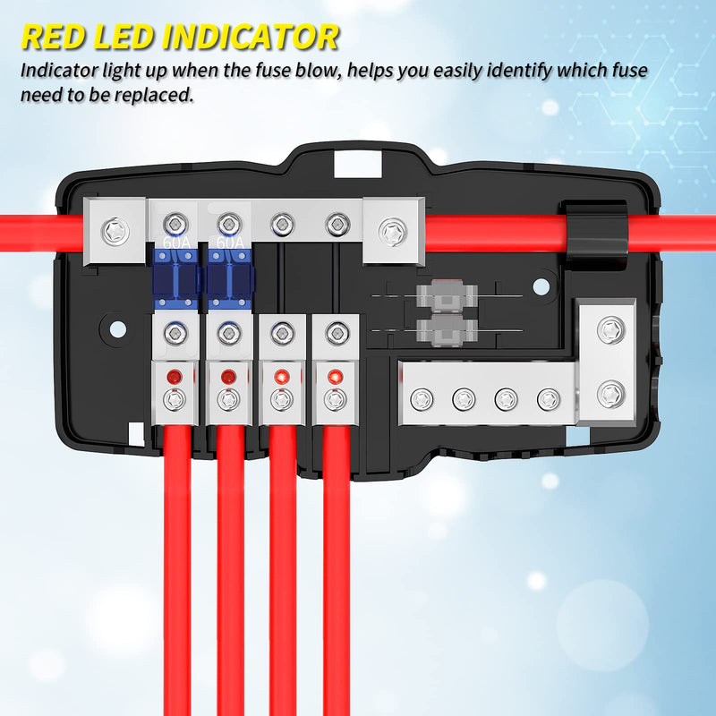  [AUSTRALIA] - Joinfworld Fused Power Distribution Block Car Audio 4 Way MIDI(Mini-ANL) Fuse Block 12V 0/4 Gauge with Ground for Auto UTV Boat Stereo Amp